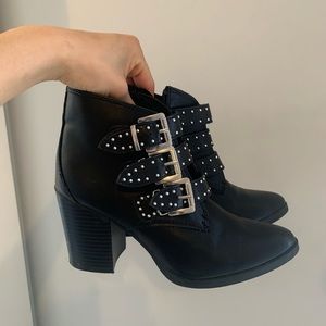 Studded Buckled High Heeled Booties